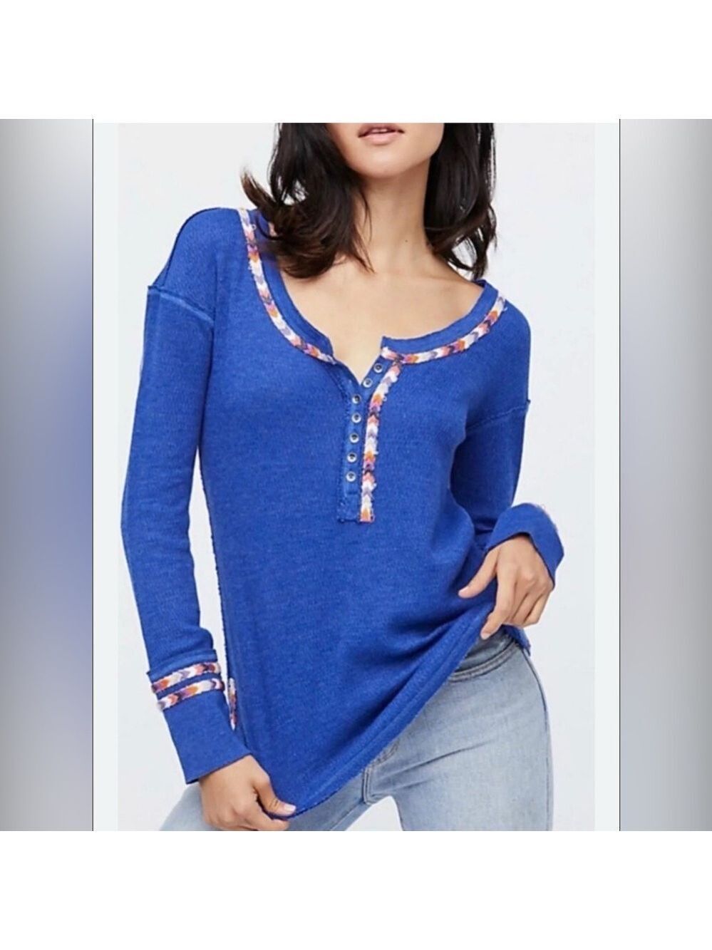 We The Free People BoHo Rainbow Happy Thermal Waffle Knit Henley Blouse Top M